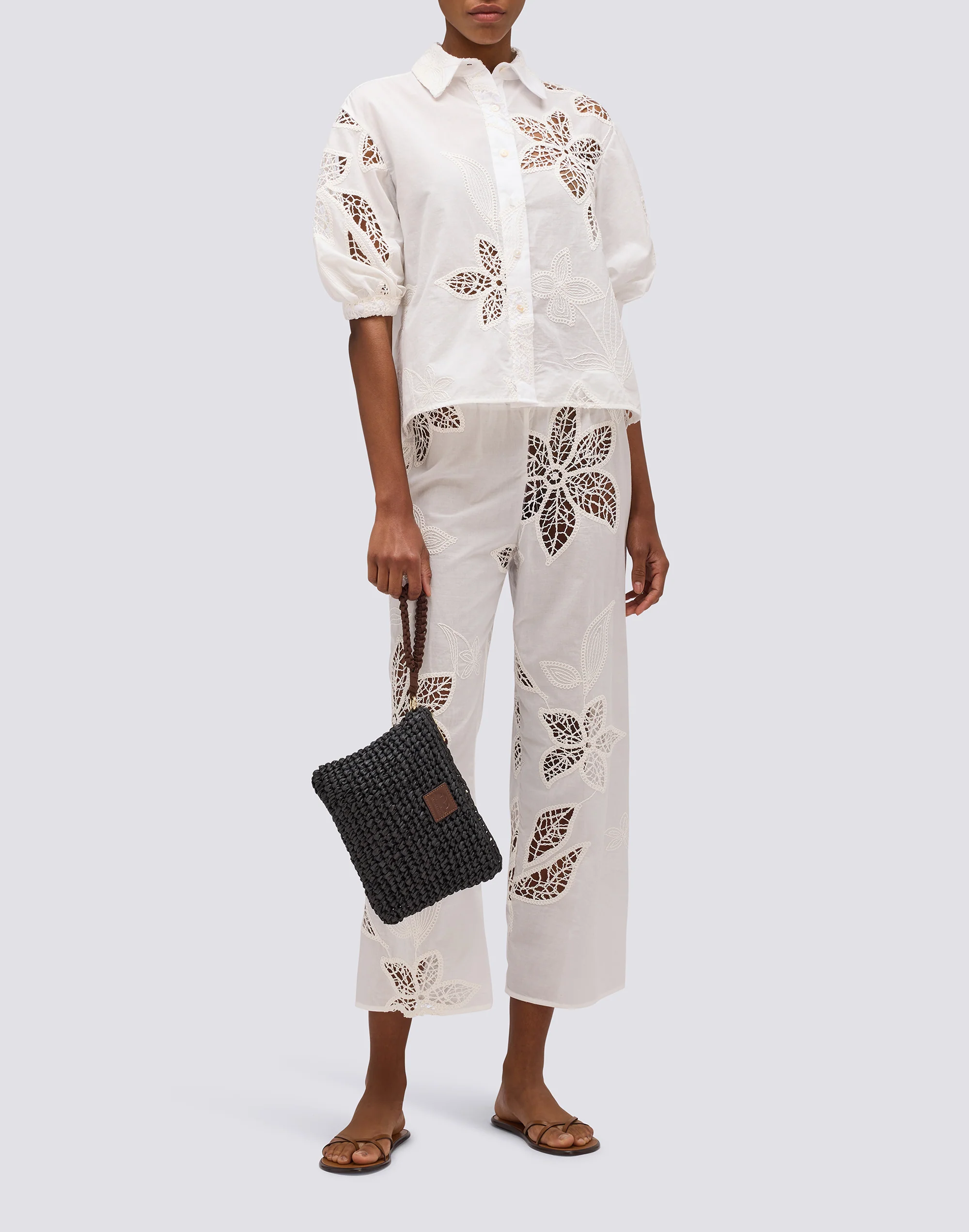 WOMEN'S LONG BRODERIE ANGLAISE TROUSERS WITH ELASTICATED WAIST - Image 3